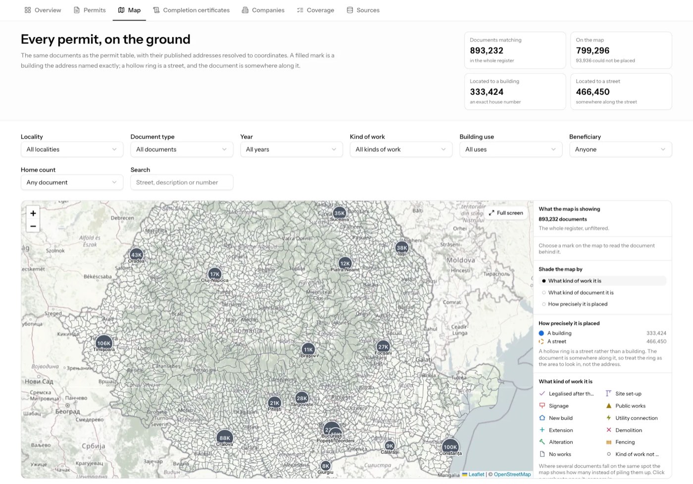 A map of Romania with the cities Nexis Data covers and how many projects each one has.