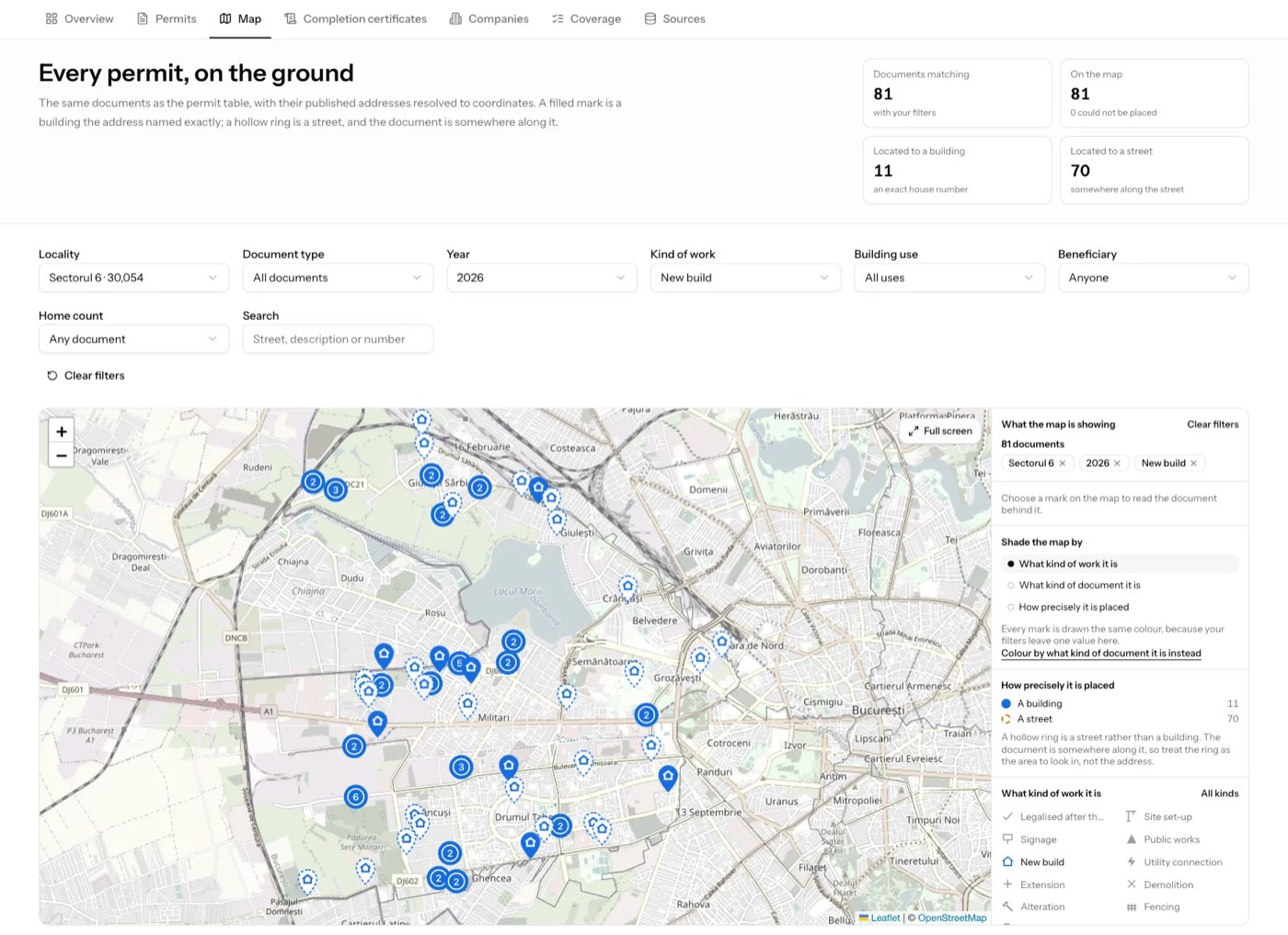 The same map, filtered to new builds in 2026: 81 projects.